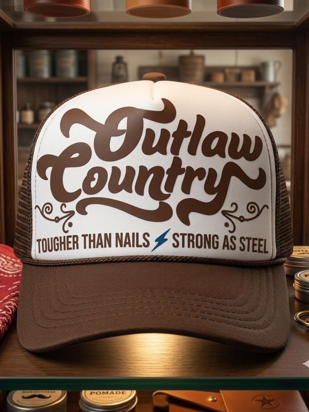 Retro Outlaw Country Tougher Than Nails Foam Trucker Hat Brown Rope Music Concer